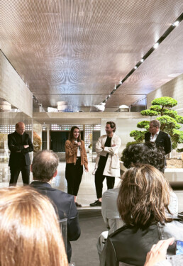 In the middle of the Minotti Pavilian at the Rho Fieramilano fairgrounds, GamFratesi design group speaks a little about their designs beside Minotti Co-Presidents.